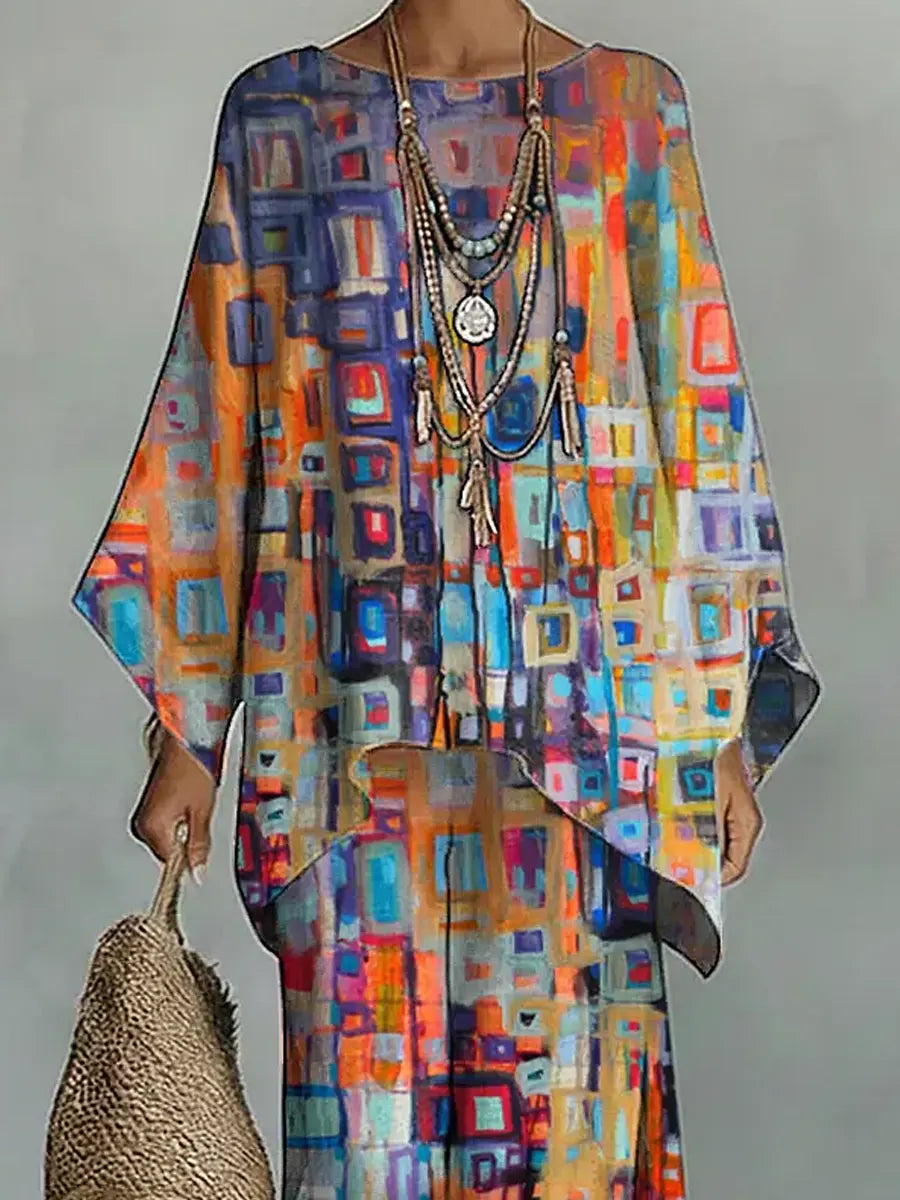 Women's Vintage Geometric Art Comfortable Loose Cotton Linen Wide-leg Pants Two-piece Set