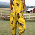 Women's Lovely Bees Art Print Casual 100% Cotton Wide Leg Jumpsuit