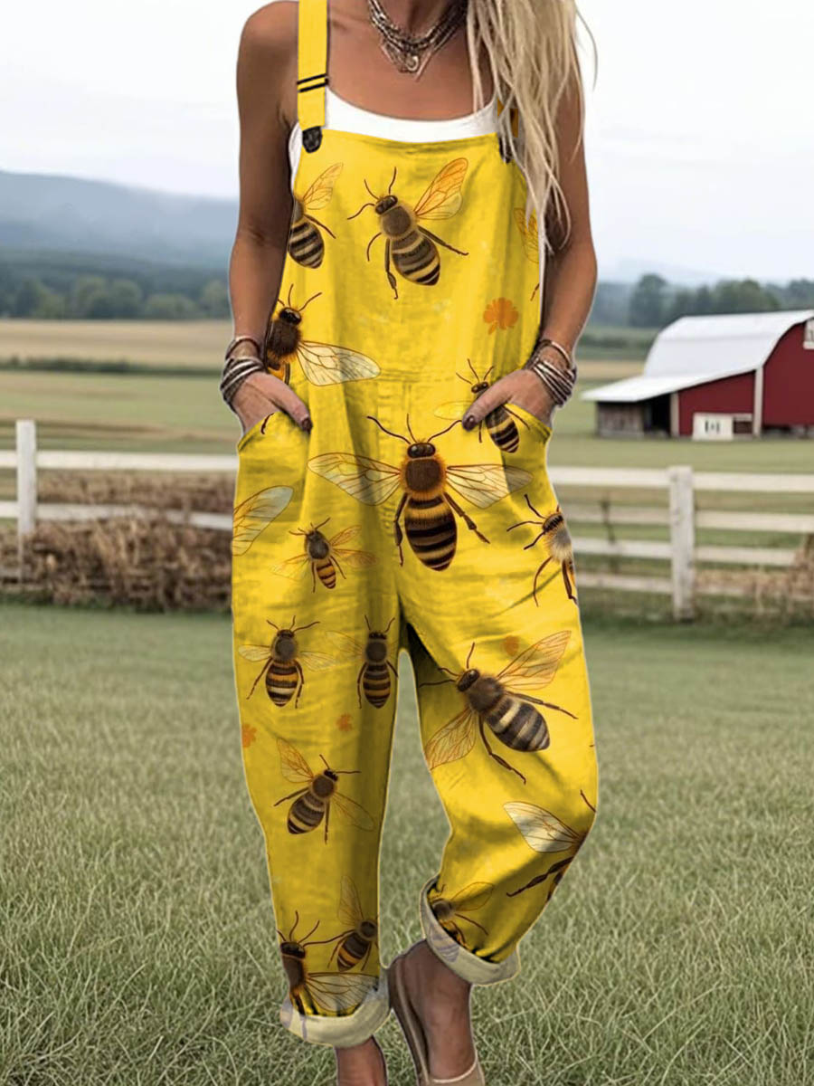 Women's Lovely Bees Art Print Casual 100% Cotton Wide Leg Jumpsuit