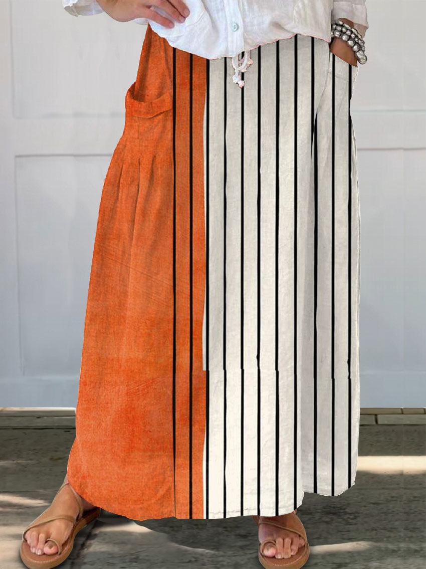 Women's Vintage Abstract Geometric Art Print   Linen Pocket Skirt