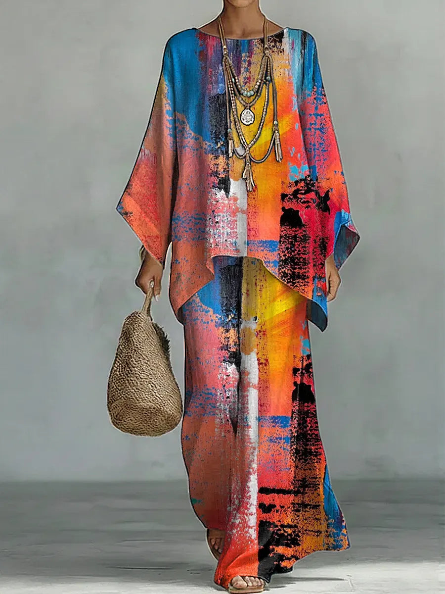 Women's Vintage Art Comfortable Loose Cotton Linen Wide-leg Pants Two-piece Set