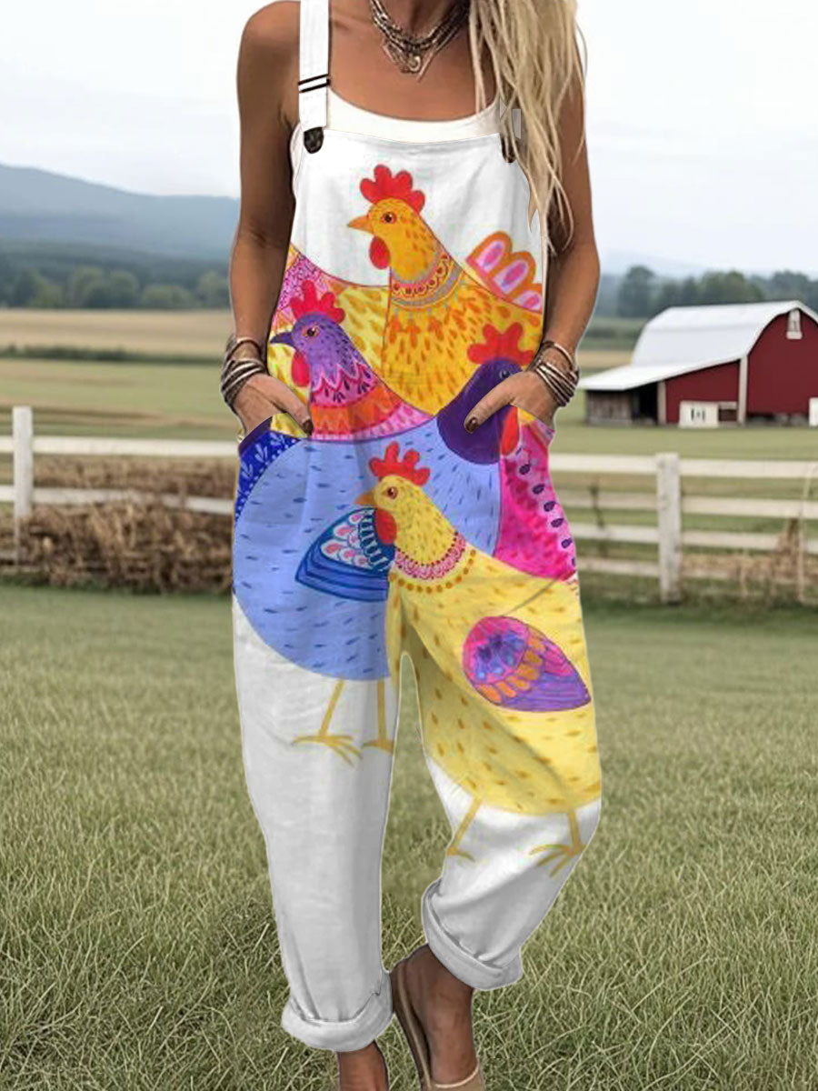 Women's  Funny Chicken Art Print Casual 100% Cotton Wide Leg Jumpsuit