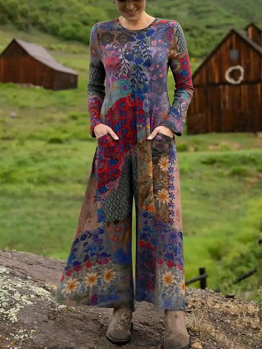 Women's Boho Natural Floral Print Stretch Jumpsuit