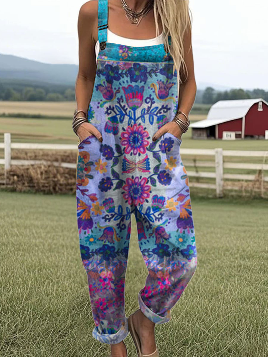 Women's  Patchwork Floral Art Print Casual 100% Cotton Wide Leg Jumpsuit