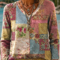 Women's  Vintage Flower Art Print Casual V-neck Long Sleeve T-shirt