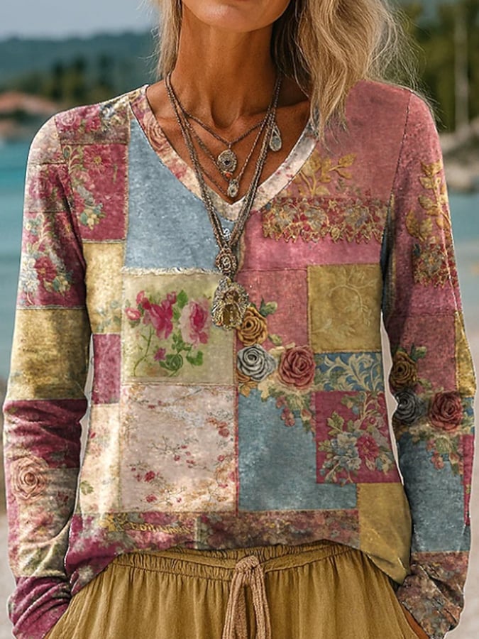Women's  Vintage Flower Art Print Casual V-neck Long Sleeve T-shirt