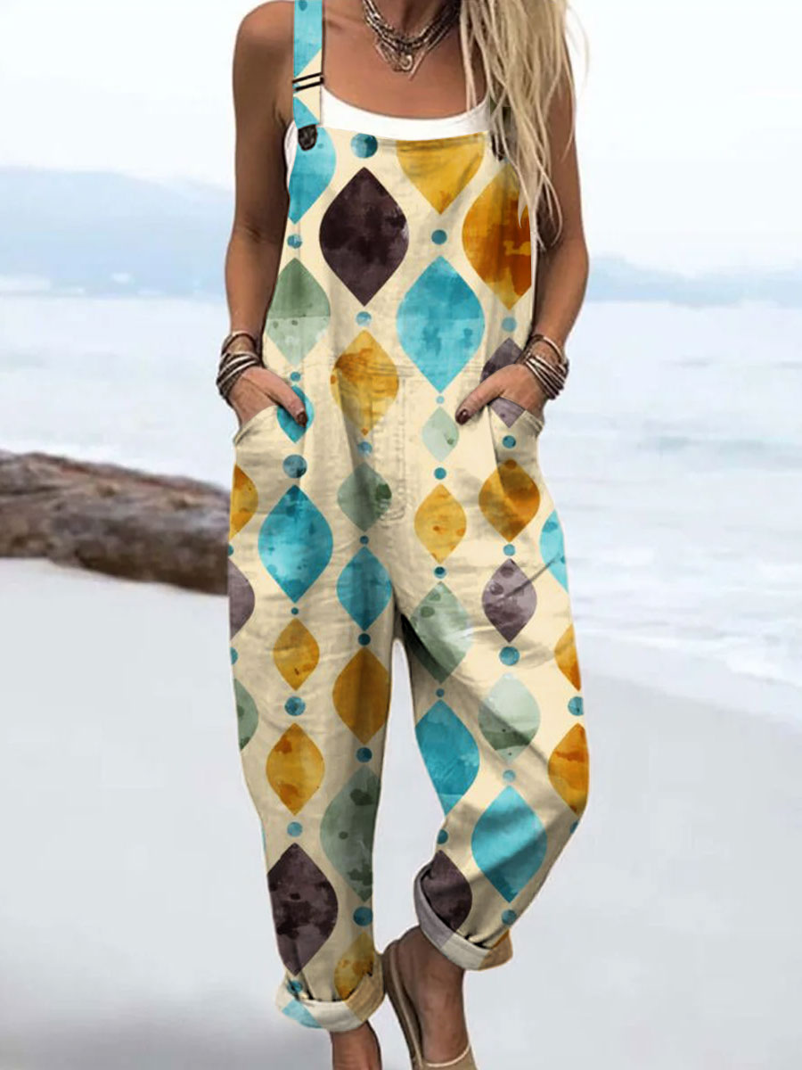 Women's Vintage Colorblock Geometric Art Print Casual 100% Cotton Wide Leg Jumpsuit