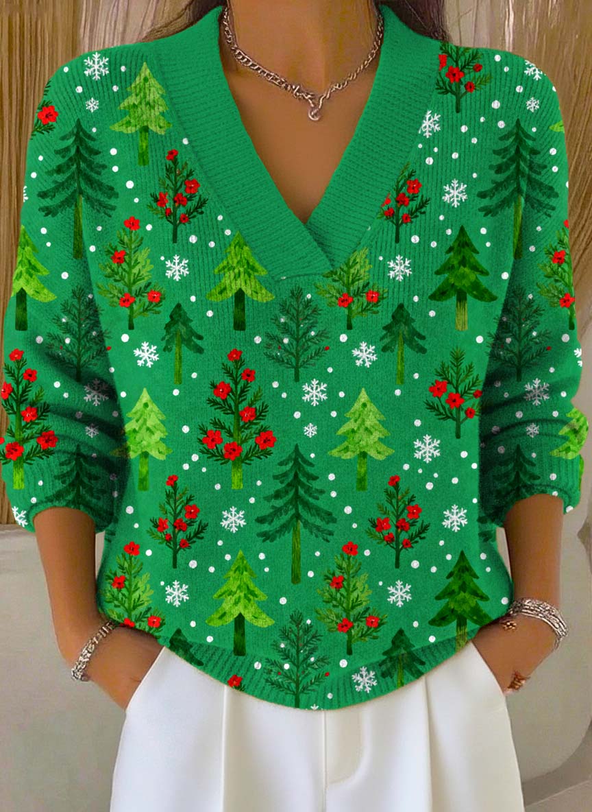 Women's Christmas Tree Art Print Buttoned Cardigan Sweater