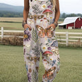 Women's  Vintage Butterfly Flower Art Print Casual 100% Cotton Wide Leg Jumpsuit