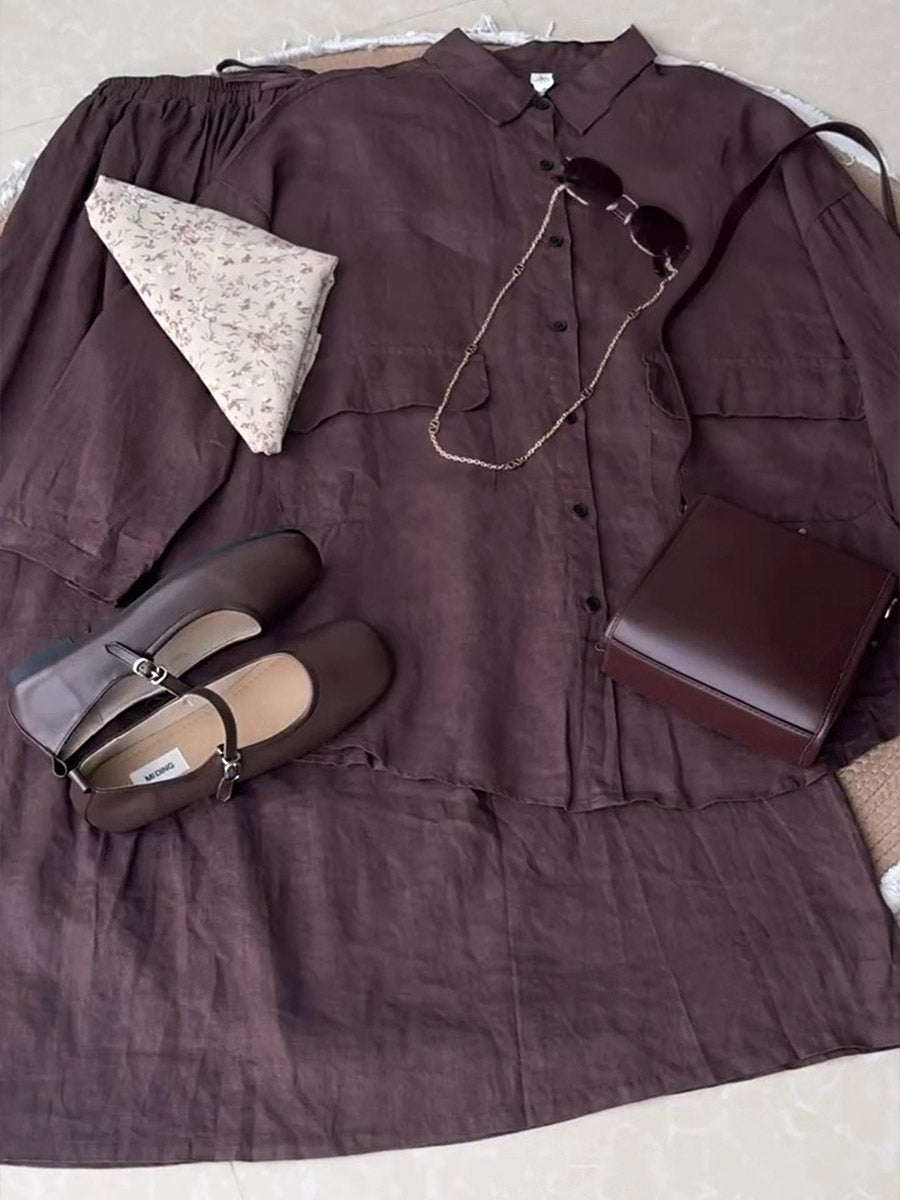 Women's Lapel Three-quarter Sleeves Solid Color Loose Tops Elastic Waist Casual Tie Skirt Set