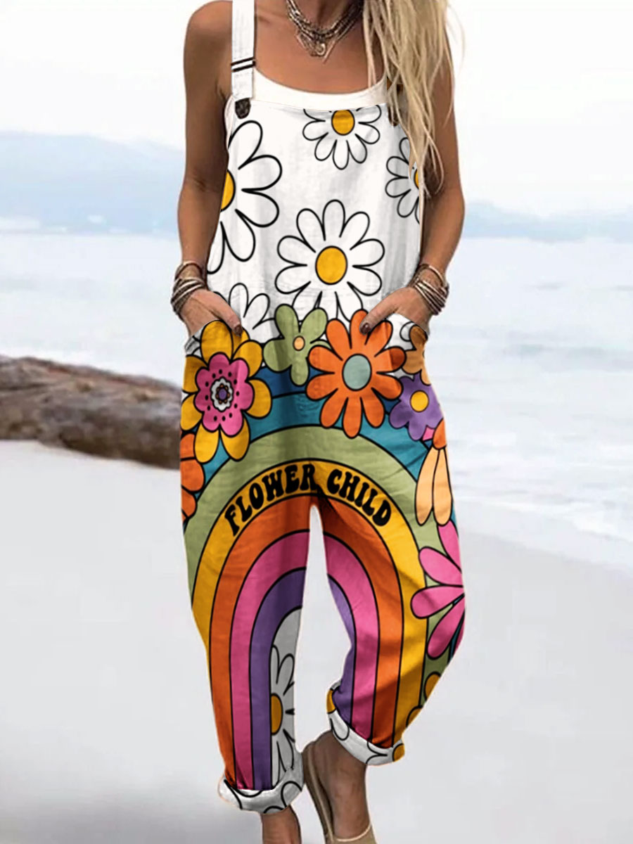 Women's Vintage Floral Art Print Casual 100% Cotton Wide Leg Jumpsuit