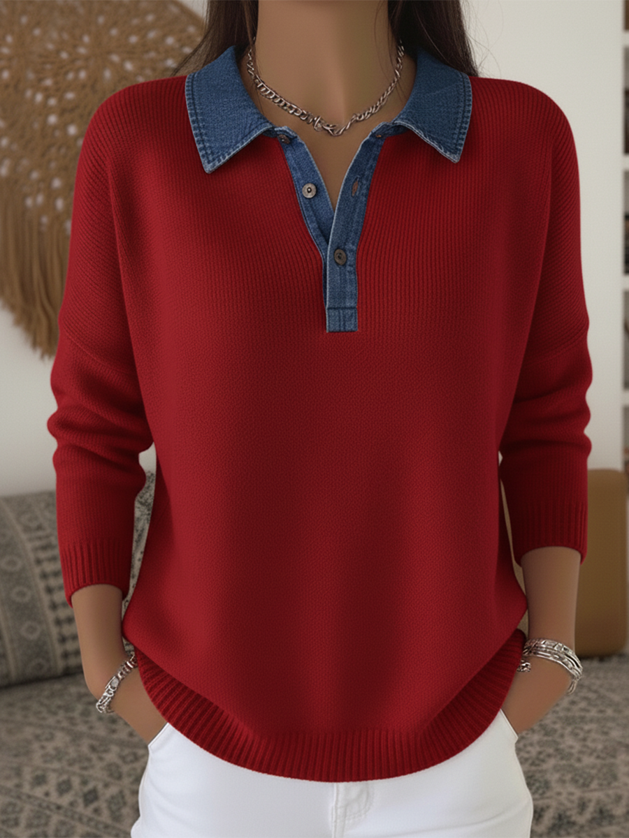 Retro Denim Patchwork Polo Collar Knitted Sweater Top