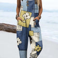 Women's Vintage Geometric Floral Painting Art Print Casual 100% Cotton Wide Leg Jumpsuit