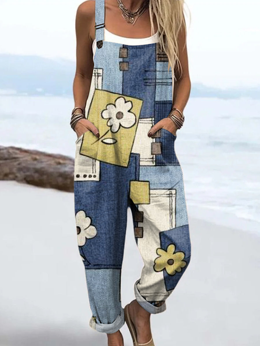 Women's Vintage Geometric Floral Painting Art Print Casual 100% Cotton Wide Leg Jumpsuit
