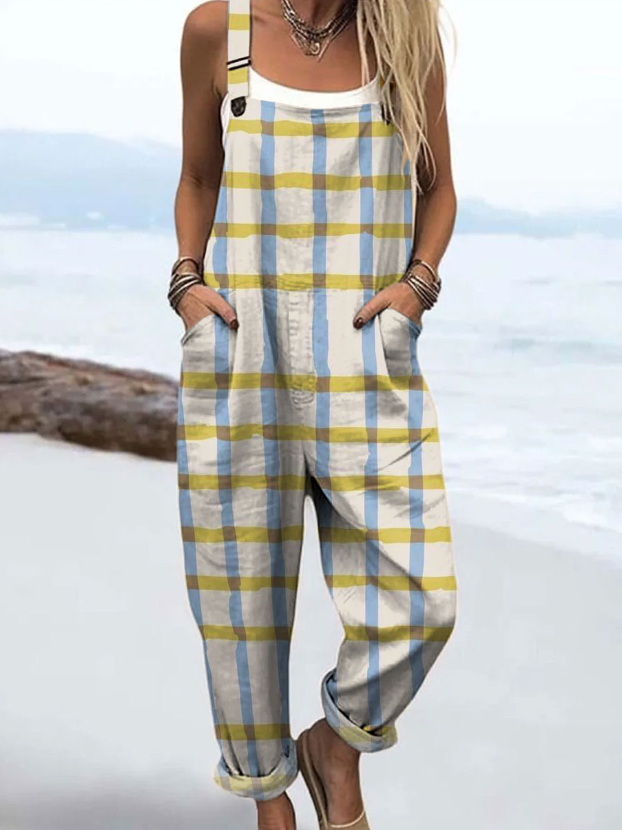 Women's Color Block Line Art Print Casual 100% Cotton Wide Leg Jumpsuit