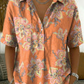 Women's Vintage Botanical Floral Casual Polo Collar Short-sleeved Linen And Cotton Shirt