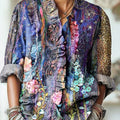 Women's Vintage Abstract Floral Painting Art Print Casual Cotton And Linen Ruffle Shirt