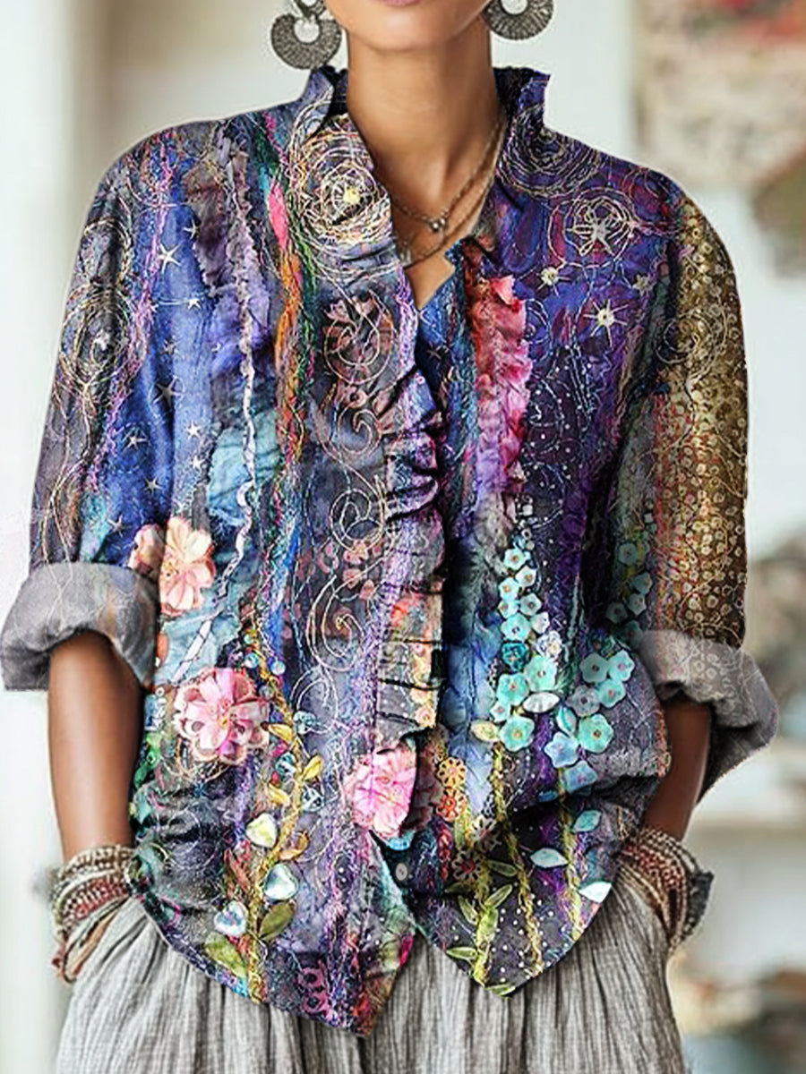 Women's Vintage Abstract Floral Painting Art Print Casual Cotton And Linen Ruffle Shirt
