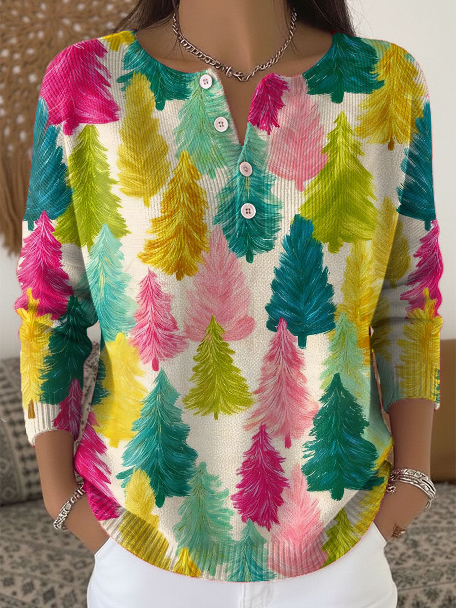 Women's Christmas Tree Art Print Buttoned Cardigan Sweater