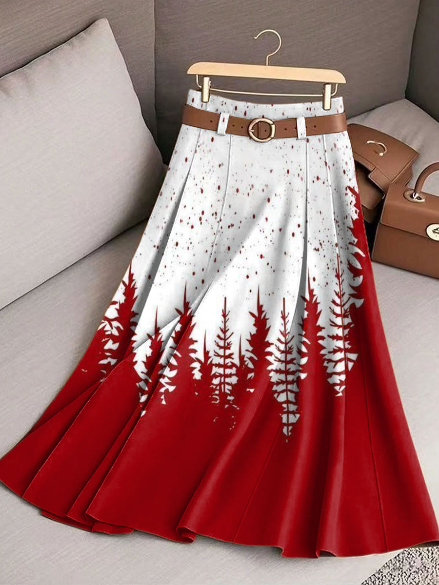 Women's Vintage Christmas Tree Art Print Cotton Skirt
