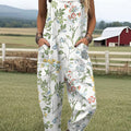 Women's  Vintage Flower Art Print Casual 100% Cotton Wide Leg Jumpsuit