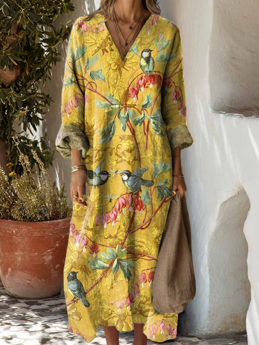Women's Vintage Floral Birds Pattern Art Print Cotton Dress