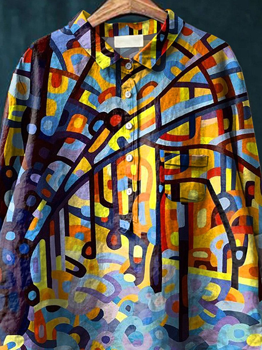 Abstract Woodland Painting Printed Women's Casual Cotton And Linen Shirt