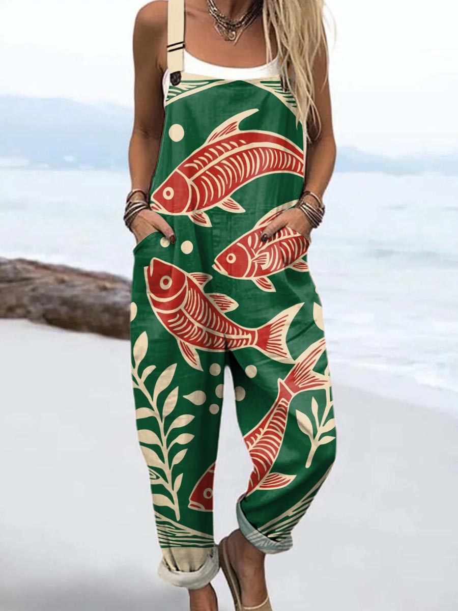 Women's Vintage Fish Art Print Casual 100% Cotton Wide Leg Jumpsuit