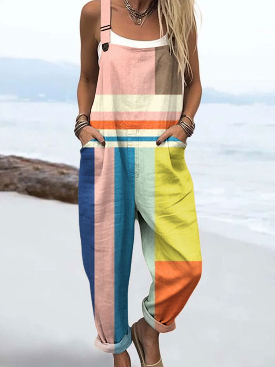 Women's Simple Color Block Art Print Casual 100% Cotton Wide Leg Jumpsuit
