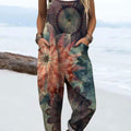 Women's Vintage Flower Art Print Casual 100% Cotton Wide Leg Jumpsuit