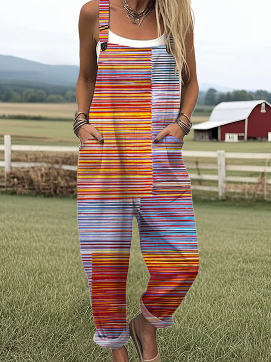 Women's  Vintage Abstract Geometric Art Print Casual 100% Cotton Wide Leg Jumpsuit