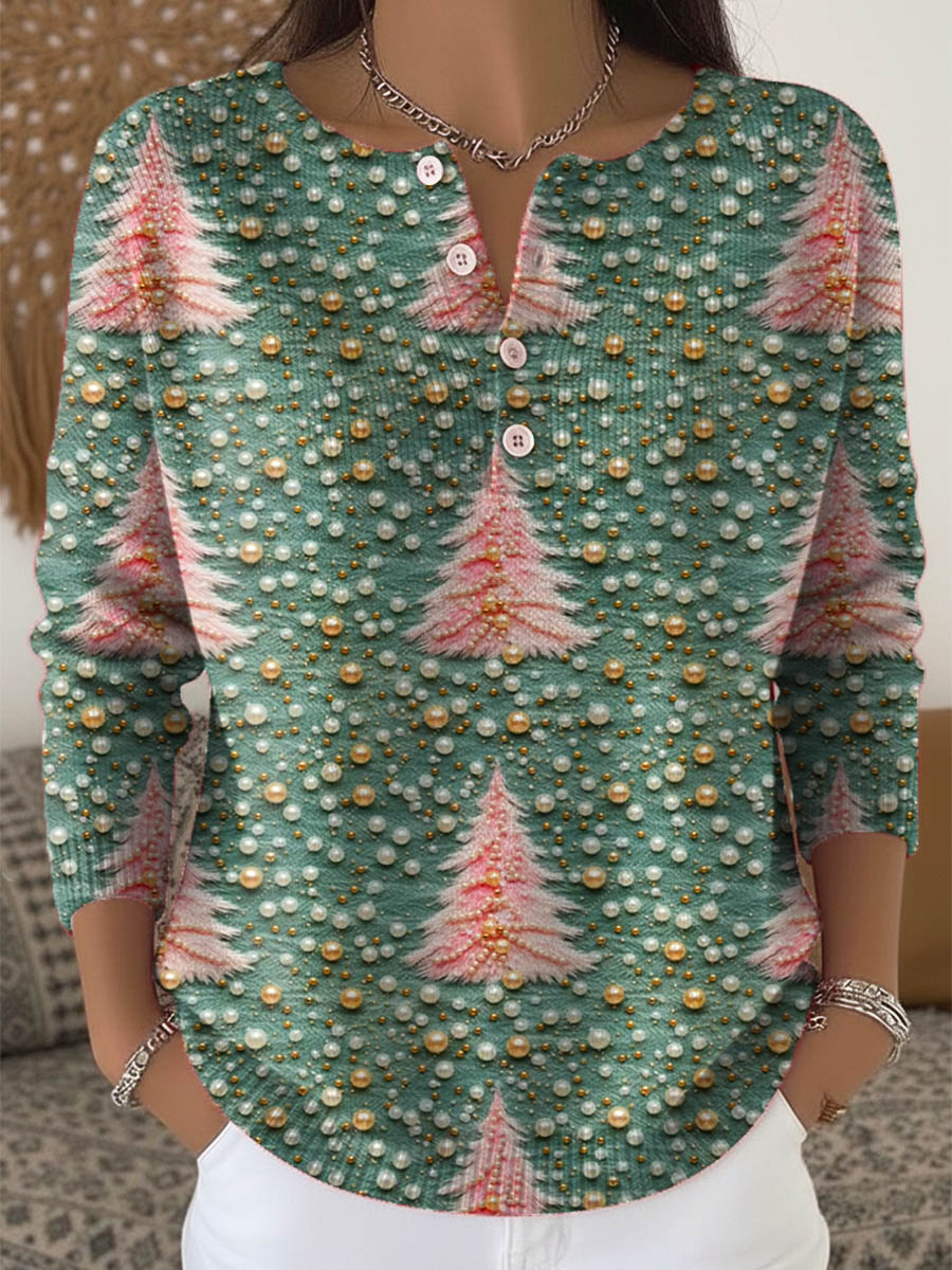 Women's Christmas Tree Art Print Buttoned Cardigan Sweater