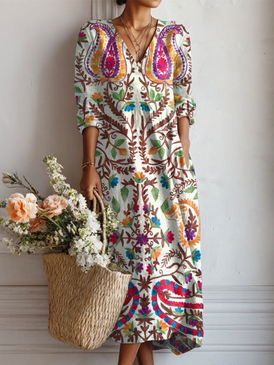 Women's Vintage Flower Art Print Linen Pocket Dress