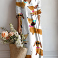 Women's Vintage Dachshund Art Print Linen Pocket Dress