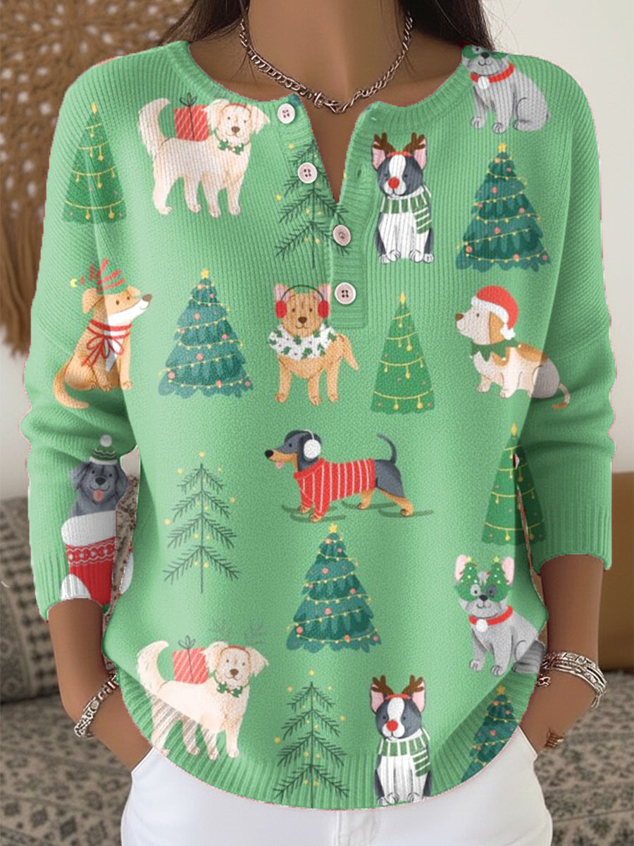 Merry Christmas! Christmas Tree And Puppy Drawing Art Print Buttoned Cardigan Sweater