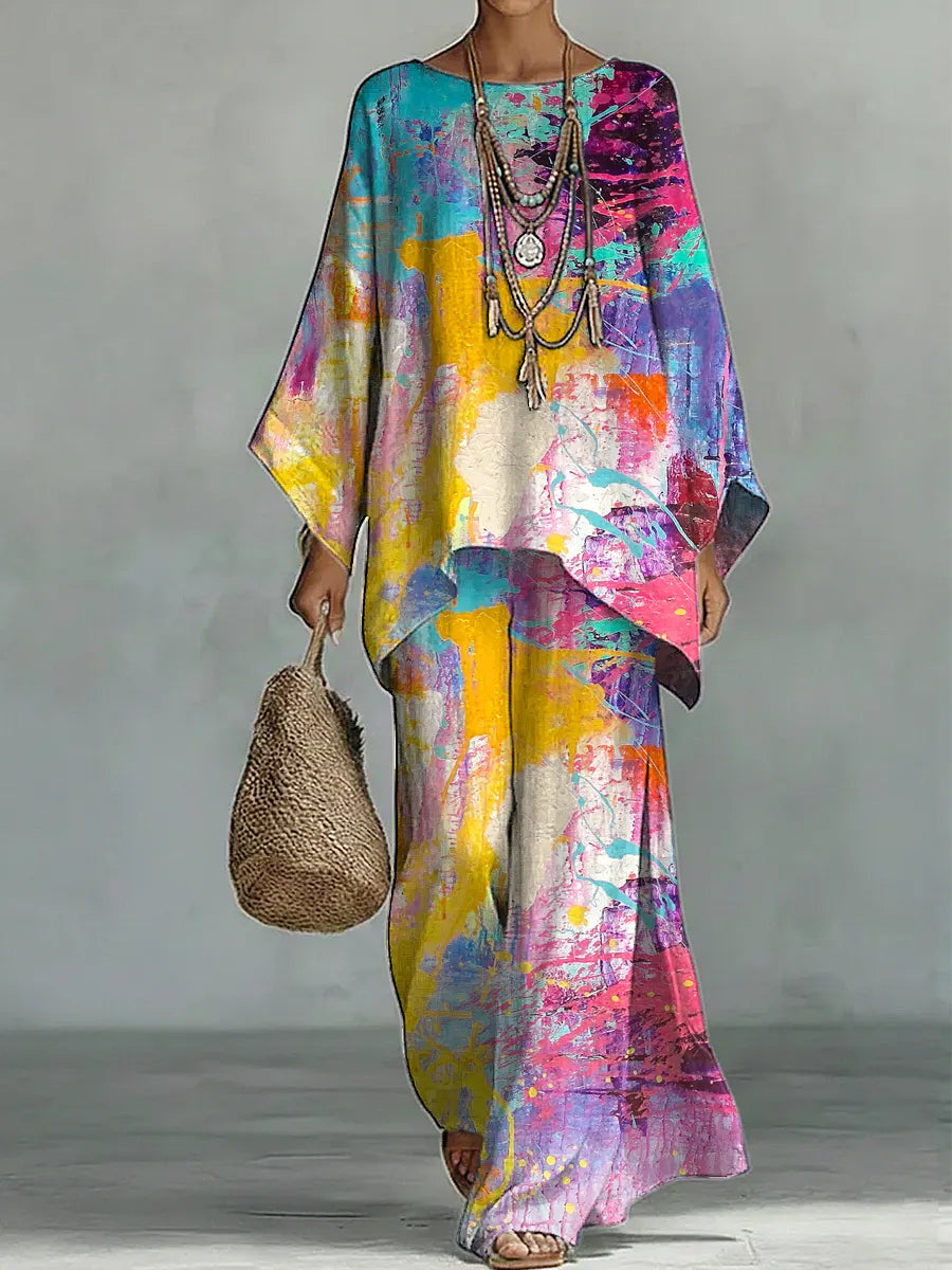 Women's Vintage Art Comfortable Loose Cotton Linen Wide-leg Pants Two-piece Set