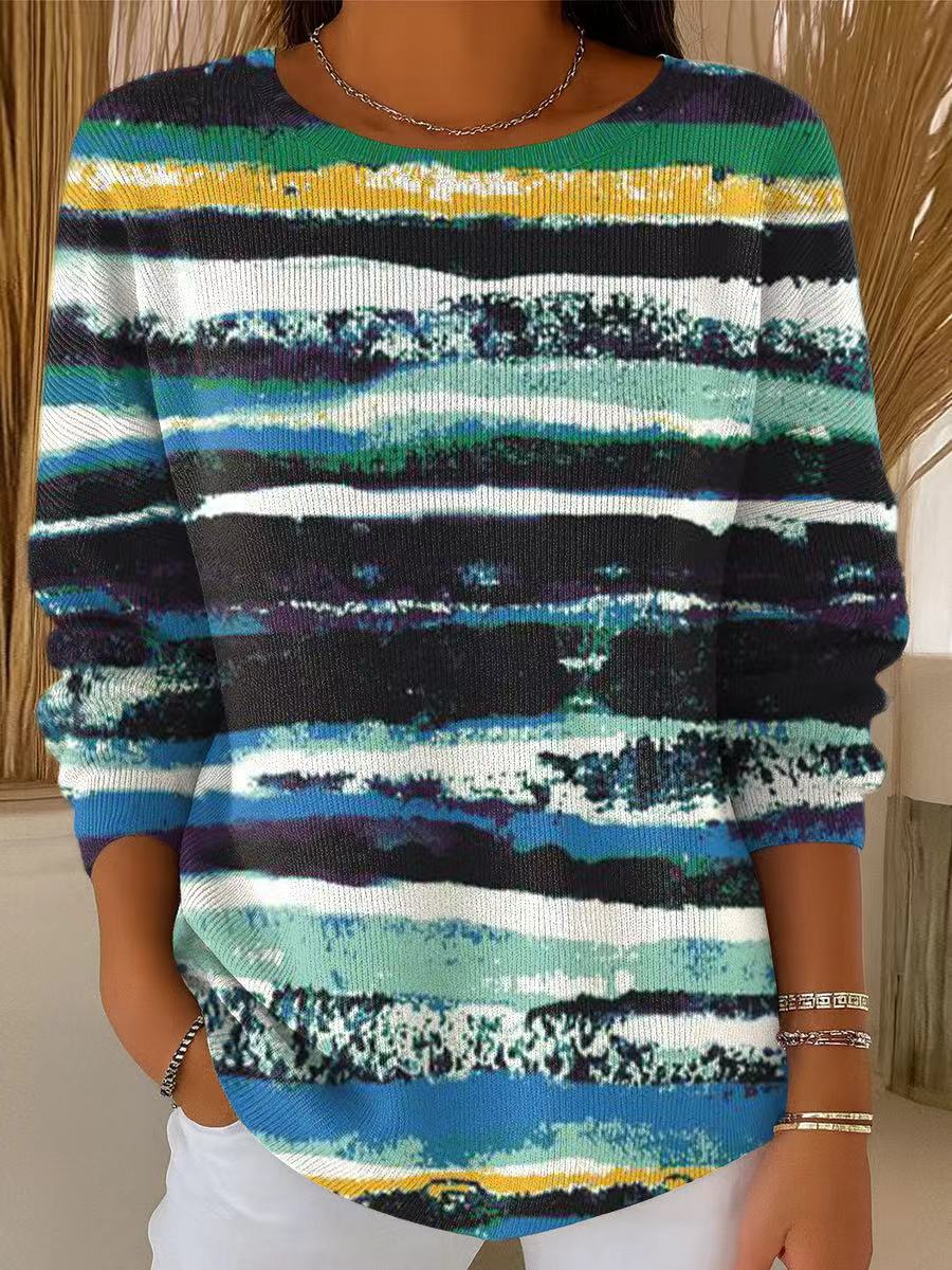 Women's Vintage Colorful Stripe Painting Art Print Casual Pullover Sweater