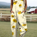 Women's Art Cute Bee Print Casual 100% Cotton Wide Leg Jumpsuit