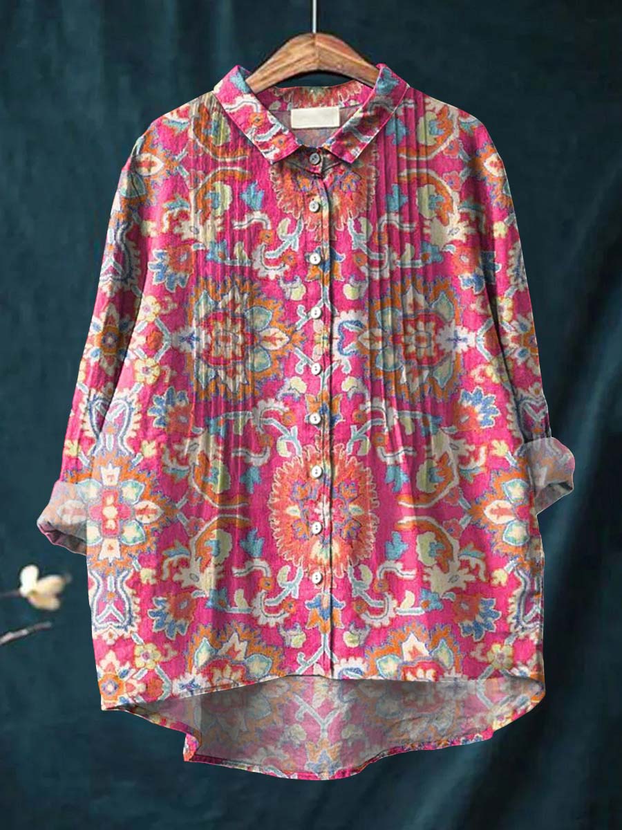 Women's Vintage Floral Art Print Casual Cotton And Linen Ruffle Shirt
