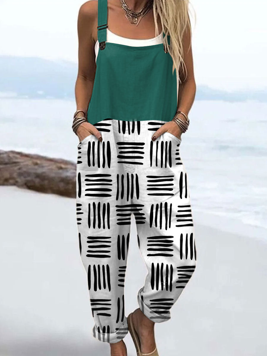 Women's Vintage Abstract Geometric Art Print Casual 100% Cotton Wide Leg Jumpsuit