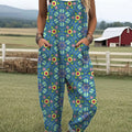 Women's  Vintage Flower Art Print Casual 100% Cotton Wide Leg Jumpsuit