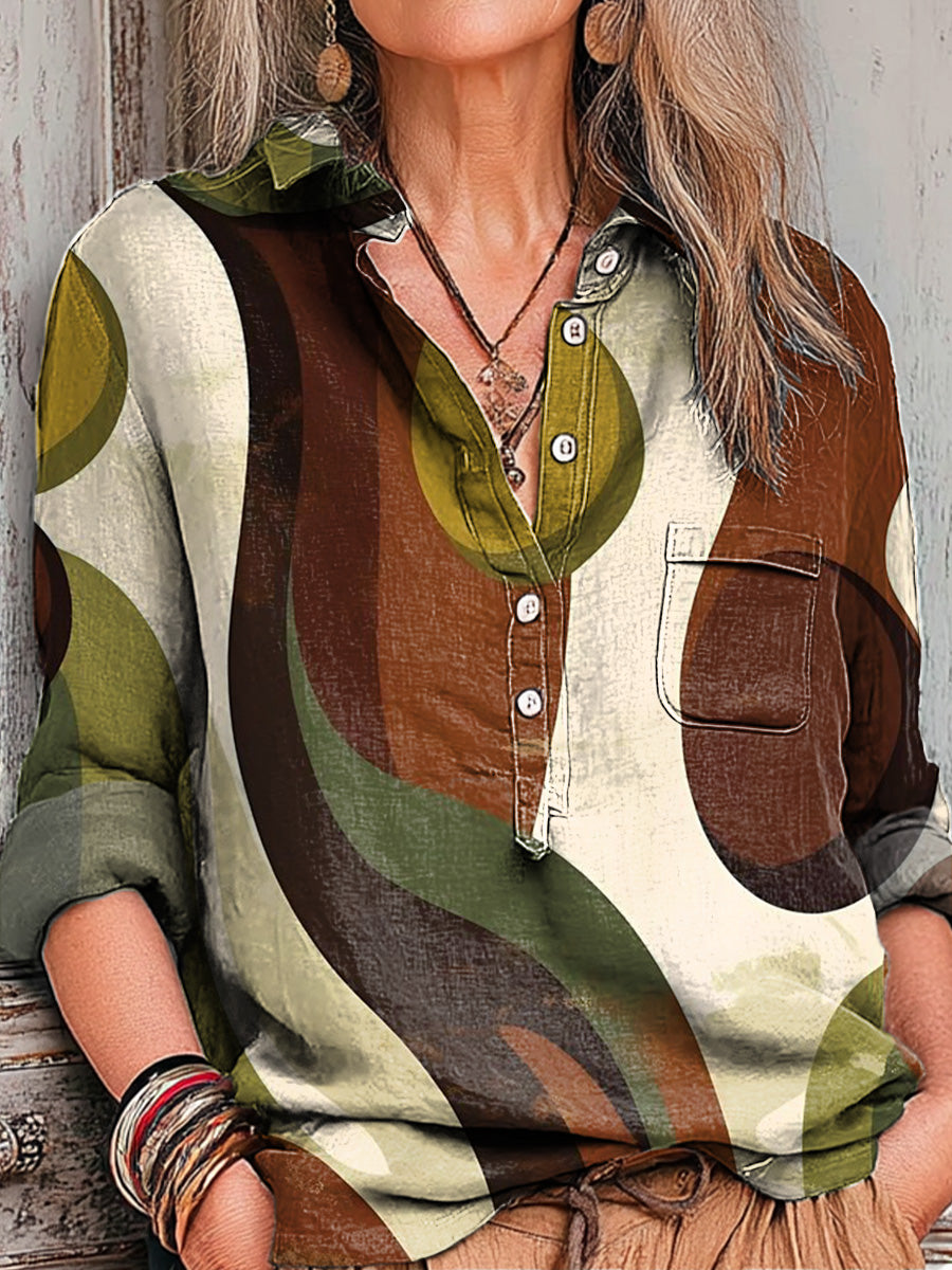Women's Abstract Colorful Geometric Stripes Painting Art Print Casual Cotton And Linen Shirt
