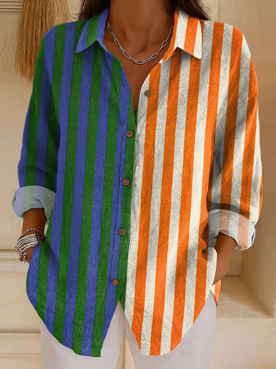 Women's Vintage Colorful Stripe Painting Art Print Casual Cotton Shirt