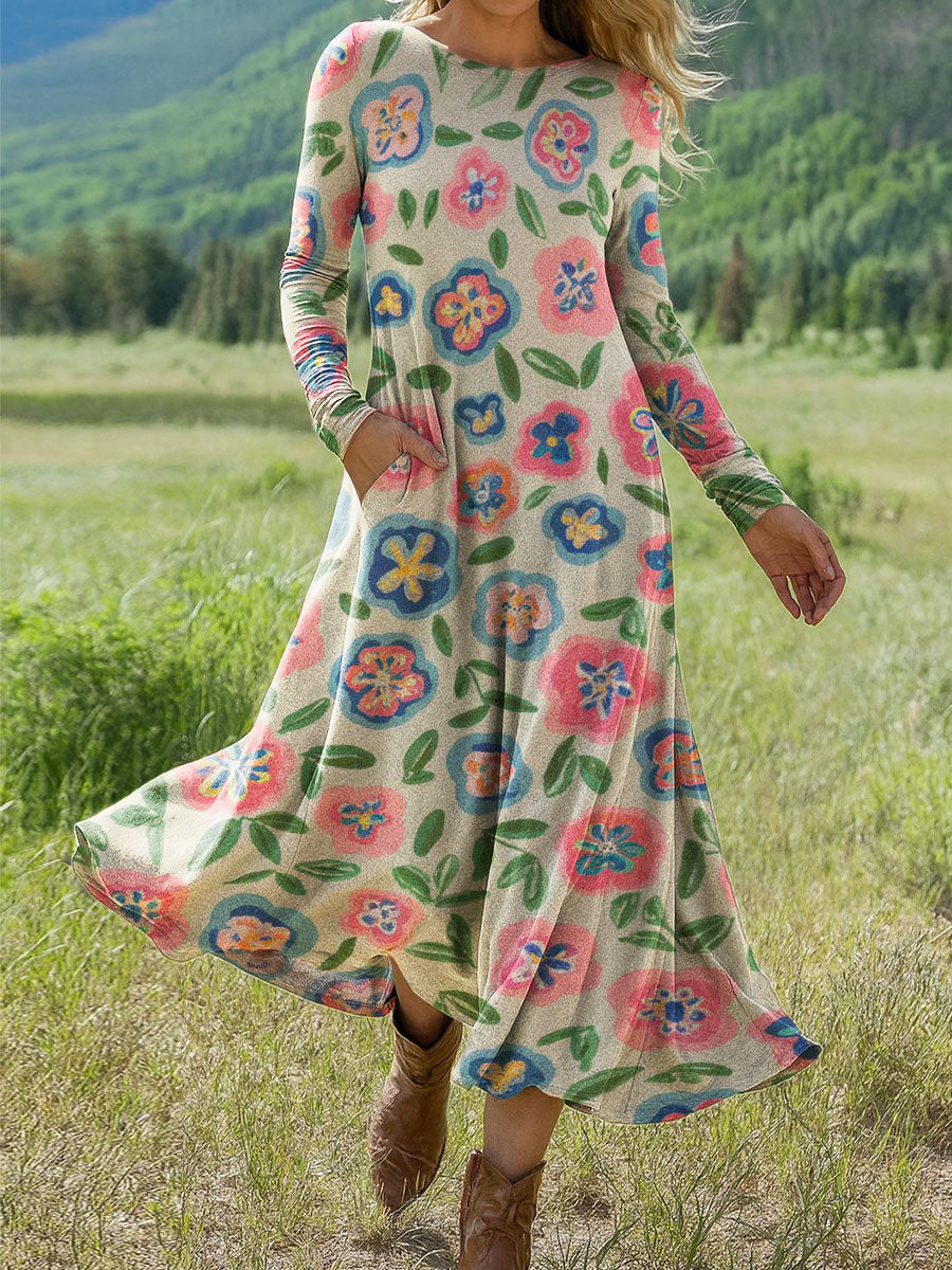 Women's Retro Flower Pattern Art Print Long-sleeved Dress