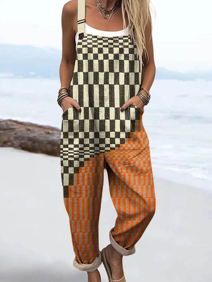 Women's Abstract Geometric Pattern Art Print Casual 100% Cotton Wide Leg Jumpsuit