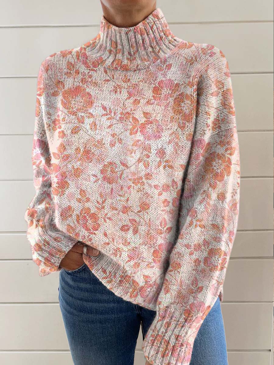 womens-vintage-art-orange-flower-print-knit-turtleneck-pullover-sweater