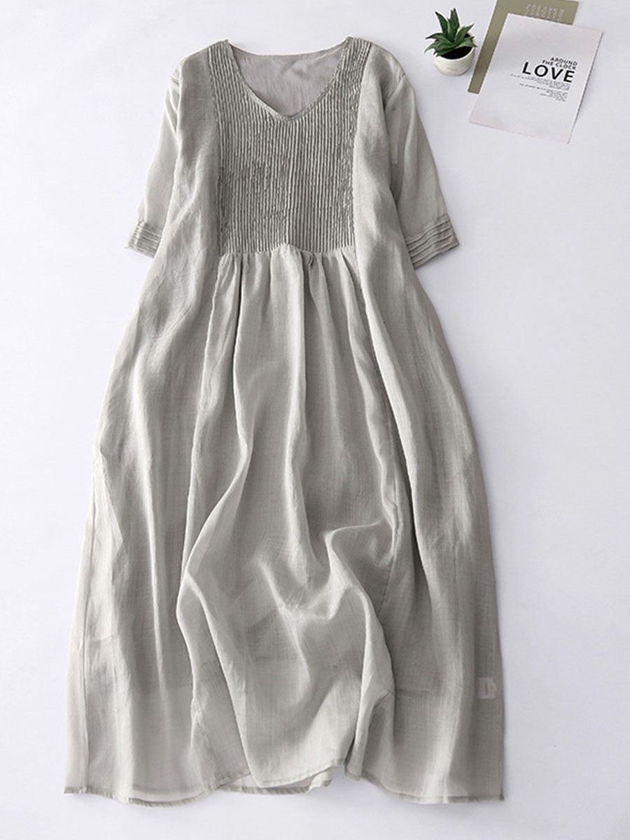 Women's Solid Color Vintage Crew Neck Short Sleeves Accordion Pleated Casual Linen Dress
