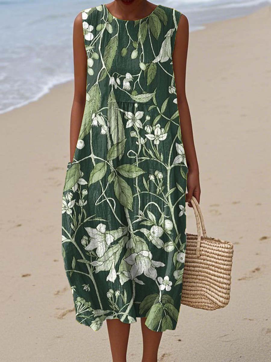 Women's Retro Green Art Olive Print Sleeveless Cotton Pocket Wrap Dress