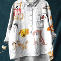 Chemise décontractée pour femme en coton et lin imprimée de motifs de chiens 