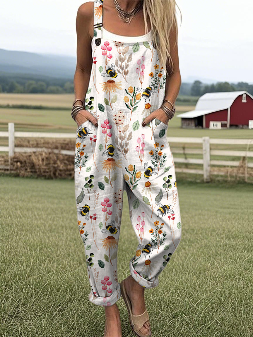 Women's Cute Bumblebee Print Casual Cotton Wide Leg Jumpsuit